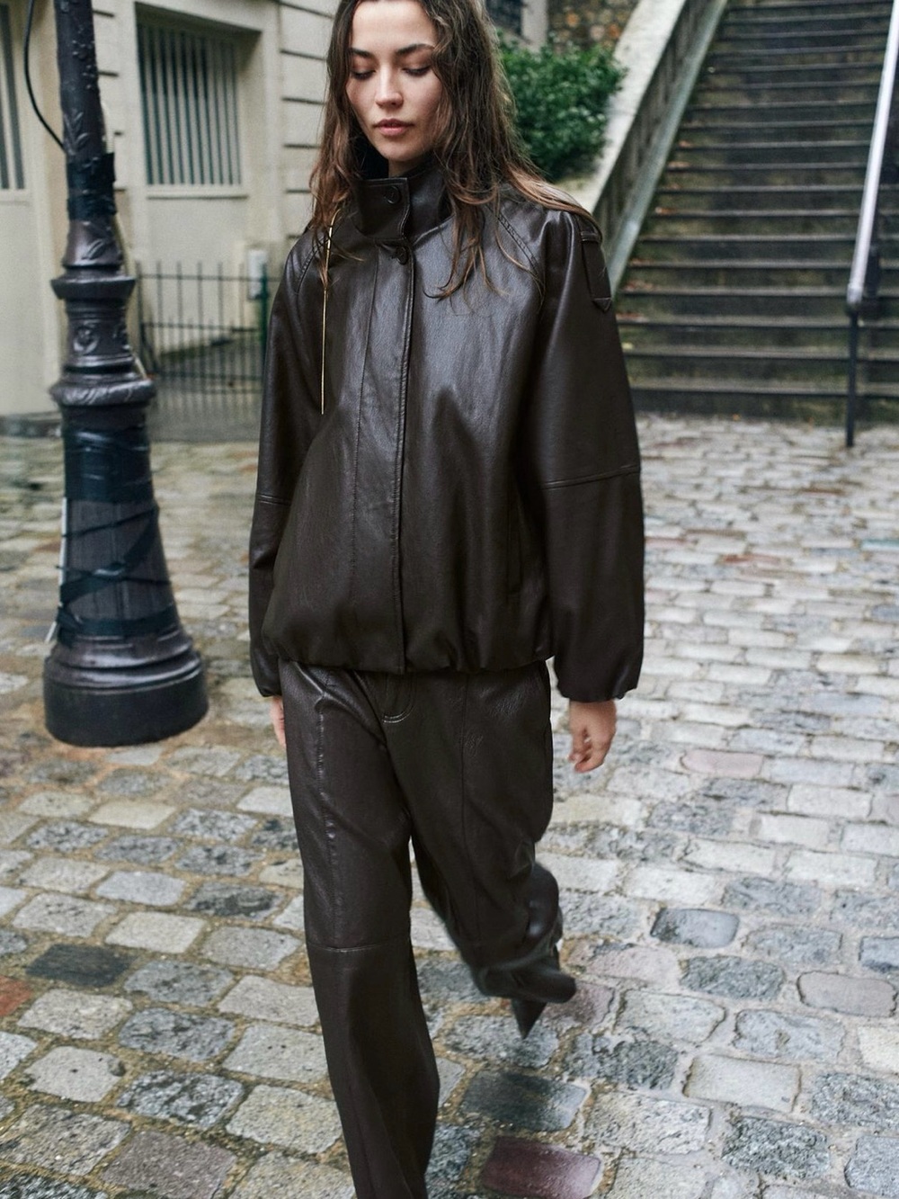 Zara Dark Brown Faux-Leather Bomber Jacket